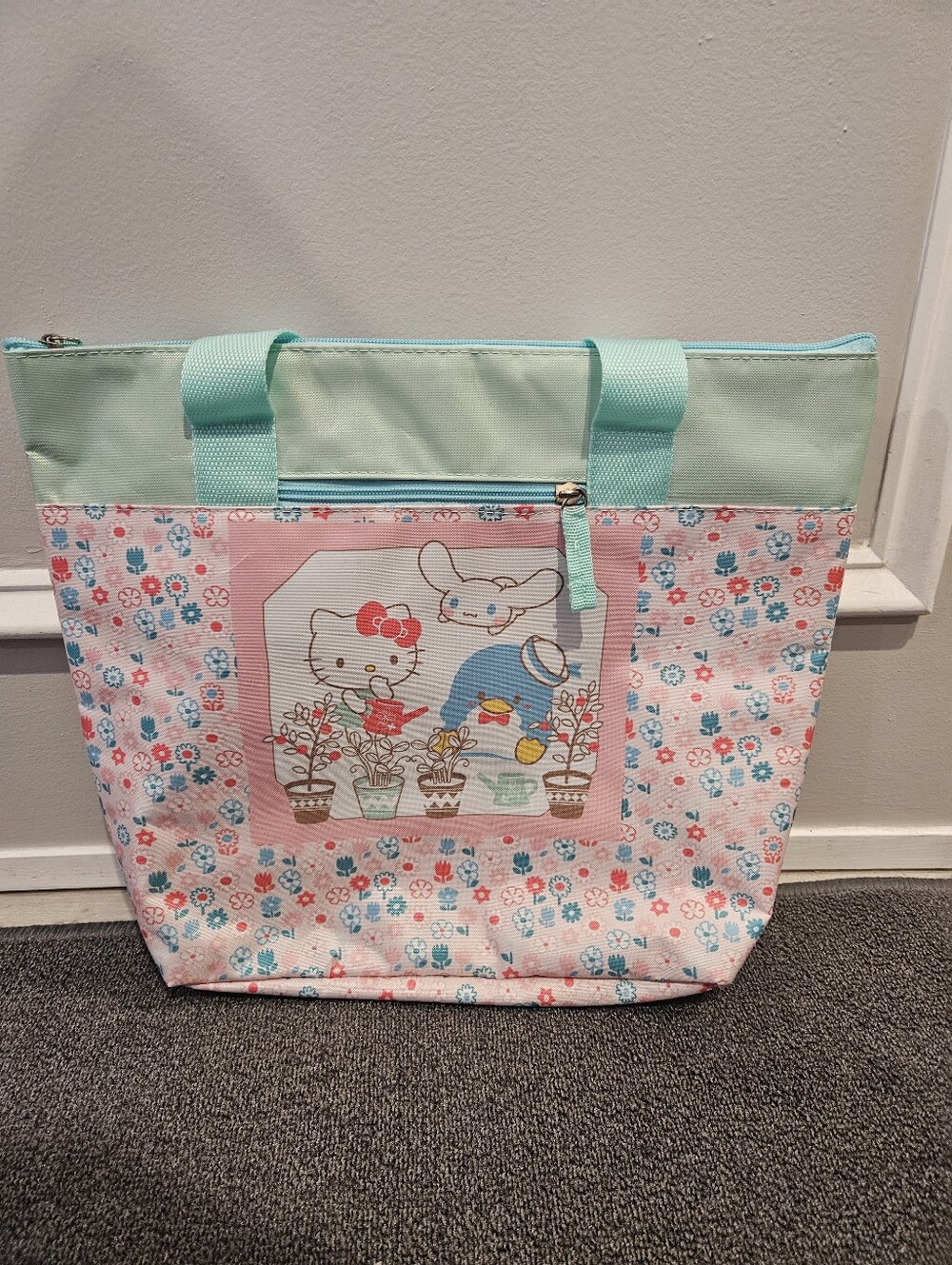 Sanrio Hello Kitty Pink Floral Insulated Tote with Mint Accents